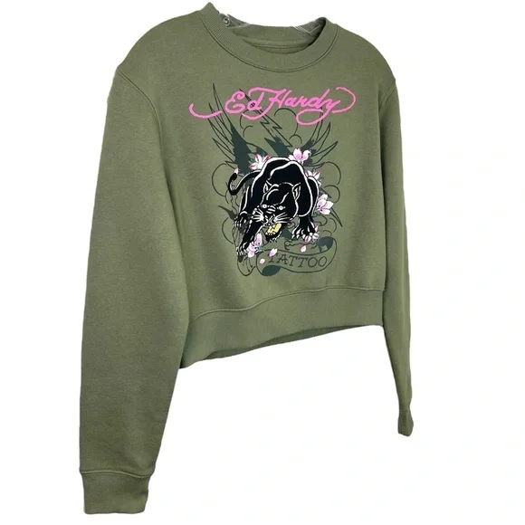 Ed Hardy - Women’s Y2k Graphic-Print Sweatshirt, Cropped, ‘Tattoo’ - Green Small - Picture 5 of 16